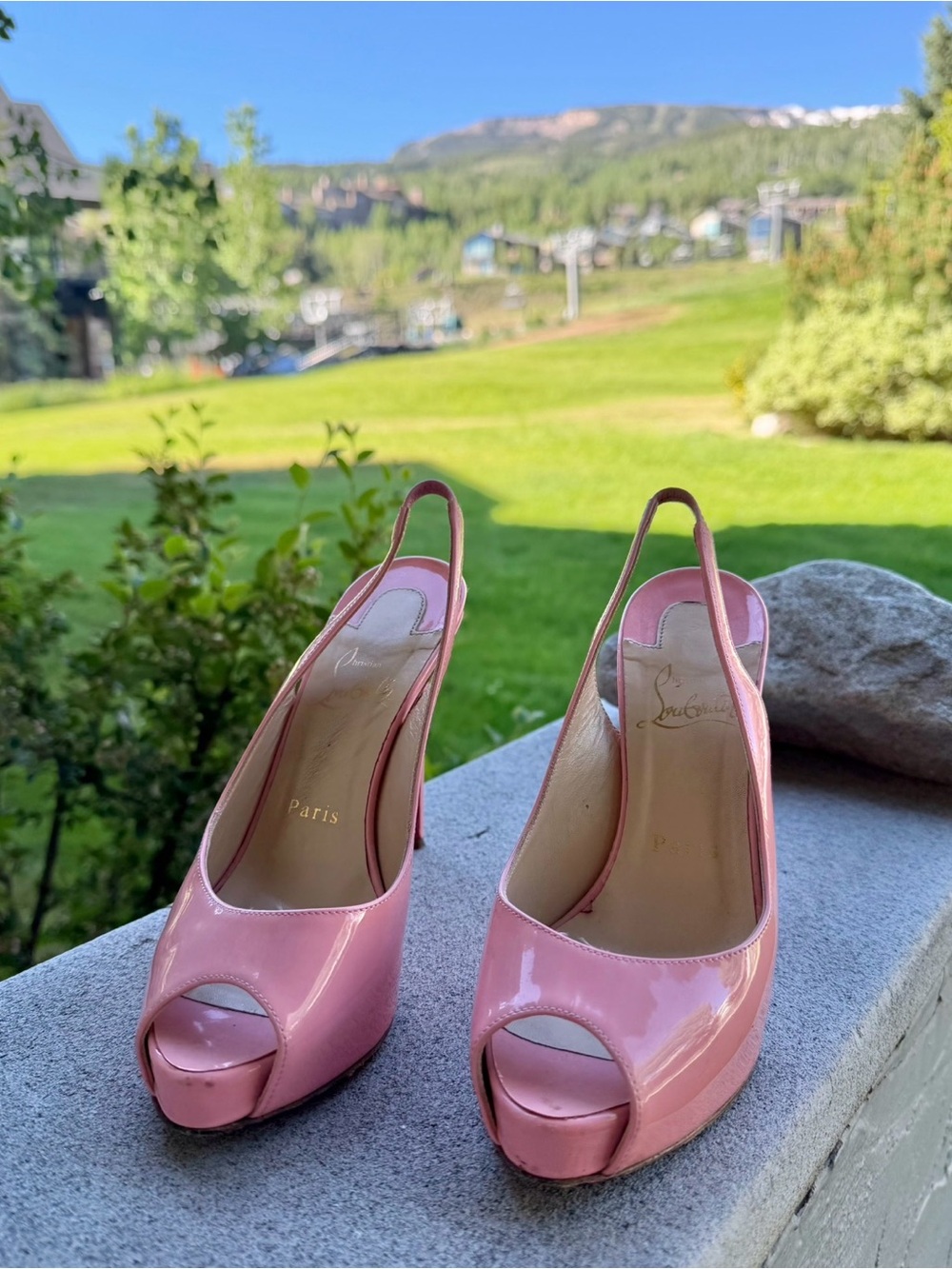 Christian Louboutin Pink Patent Leather Peep-Toe Slingbacks